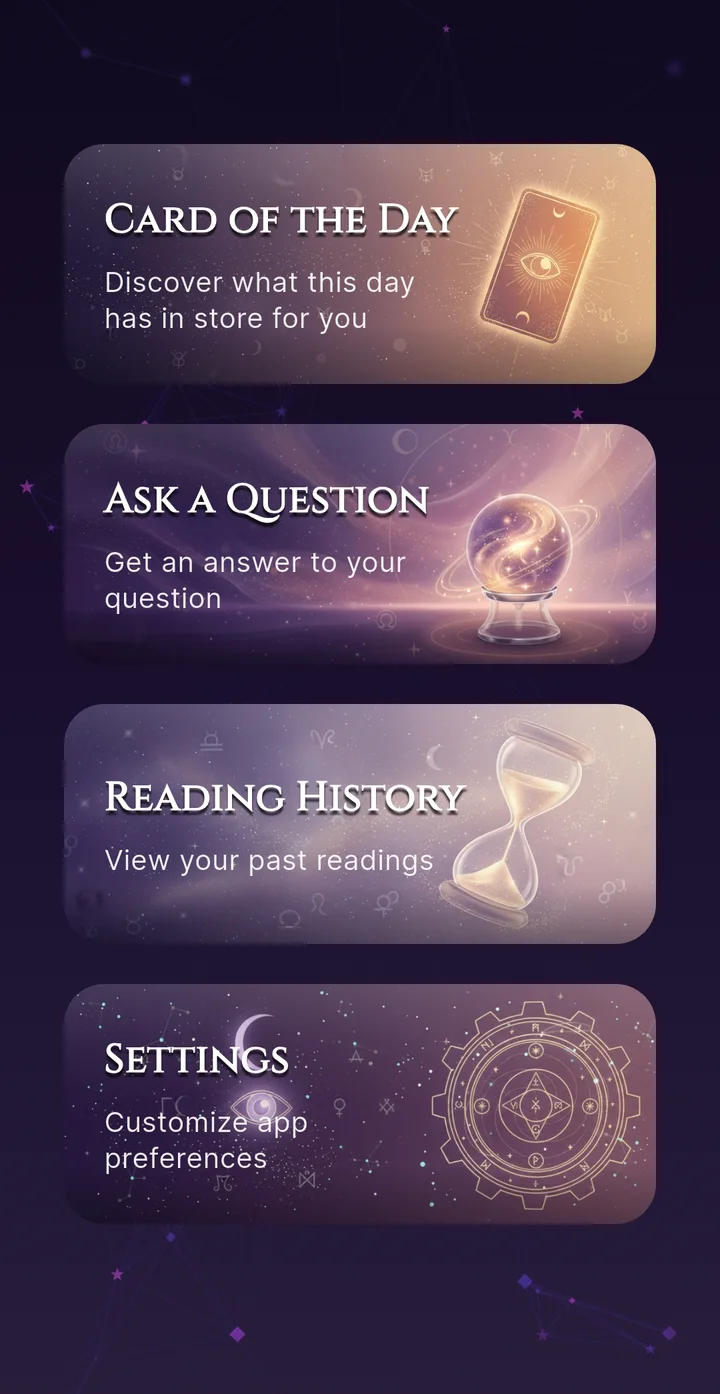Tarot Aura home screen — Card of the Day, Ask a Question, Reading History