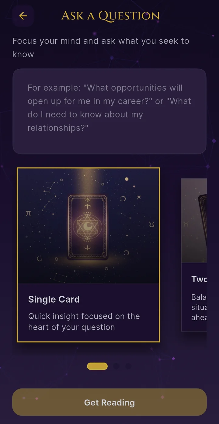 Ask a Question screen with single-card spread selected